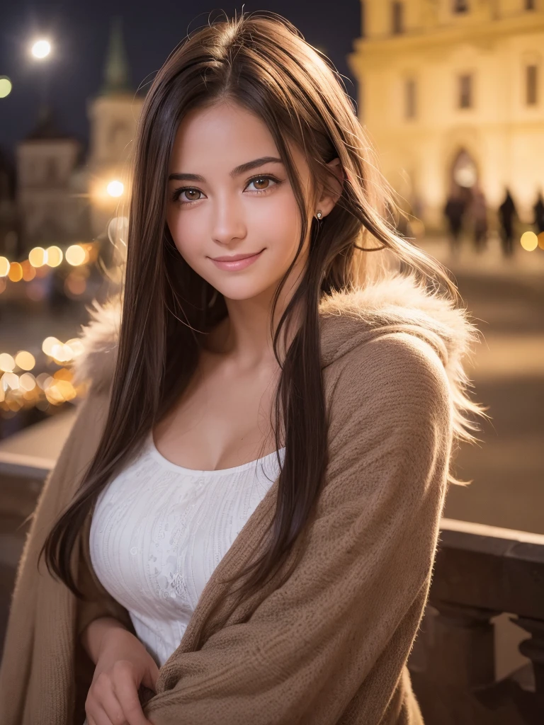 A light smile, night, RAW Photos, (((A portrait of extreme beauty))), (Glowing Skin)), 1 Girl, Beautiful girl in Prague, I&#39;m 11 years old, ((Natural light blonde hair)), [blue eyes], Shiny skin, Silky long straight hair, eyeliner, Long bangs, Hair between the eyes, Fluttering Hair, ((masterpiece, 最high quality, Super detailed, Film Light, Intricate details, High resolution, 8K, Very detailed)), Detailed Background, 8K UHD, Digital SLR, Soft Light, high quality, Film Grain, Fujifilm XT3, Shallow depth of field, Natural light, (No Hands), Upward glance, Sap eyes,