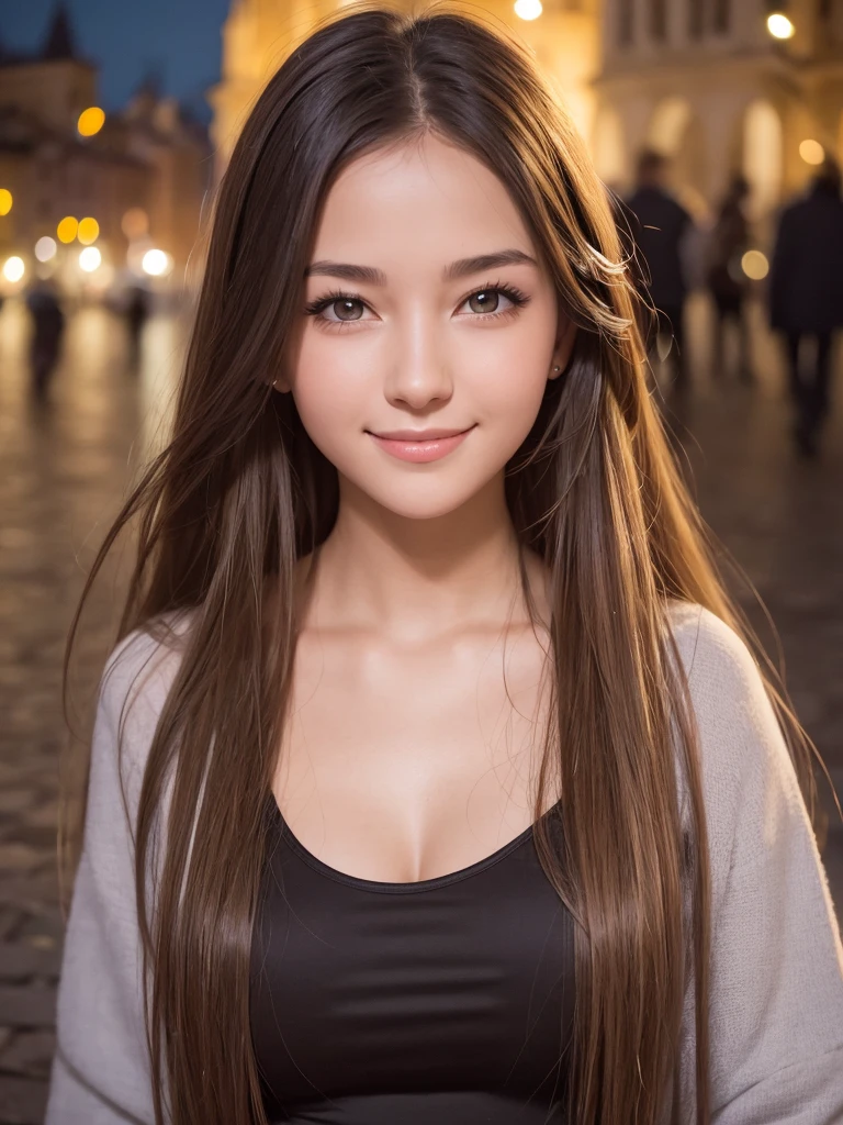 A light smile, night, RAW Photos, (((A portrait of extreme beauty))), (Glowing Skin)), 1 Girl, Beautiful girl in Prague, I&#39;m 11 years old, ((Natural light blonde hair)), [blue eyes], Shiny skin, Silky long straight hair, eyeliner, Long bangs, Hair between the eyes, Fluttering Hair, ((masterpiece, 最high quality, Super detailed, Film Light, Intricate details, High resolution, 8K, Very detailed)), Detailed Background, 8K UHD, Digital SLR, Soft Light, high quality, Film Grain, Fujifilm XT3, Shallow depth of field, Natural light, (No Hands), Upward glance, Sap eyes,