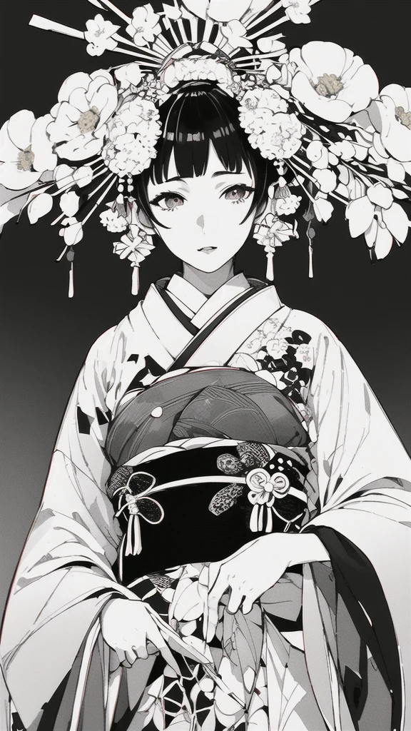 {{{{masterpiece}}}}, {{{hyper detailed}}}, {{{highres}}}, {{good anatomy}}, (((best quality))), ((an extremely delicate and beautiful)), {{an extremely detailed and delicate}}, {8k cg wallpaper}, {{illustration}}, (greyscale with colored background:1.05), (white and black background:1.1), flowers, (chromatic aberration:1.2), upper body, mature female, (1girl:1), solo, oiran, (japanese clothes:1.2), (pale face:1.2), medium breasts, hiten1,