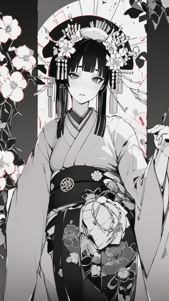 {{{{masterpiece}}}}, {{{hyper detailed}}}, {{{highres}}}, {{good anatomy}}, (((best quality))), ((an extremely delicate and beautiful)), {{an extremely detailed and delicate}}, {8k cg wallpaper}, {{illustration}}, (greyscale with colored background:1.05), (white and black background:1.1), flowers, (chromatic aberration:1.2), upper body, mature female, (1girl:1), solo, oiran, (japanese clothes:1.2), (pale face:1.2), medium breasts, hiten1,