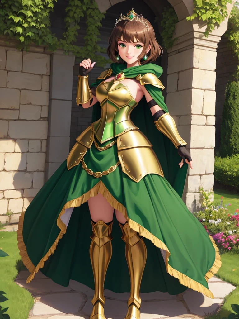 masterpiece, best quality:1.2), 1girl, smile, looking at viewer, green eyes, short brown hair, princess, armor, , pauldrons, armored dress, green cloak cape, wearing puffy blue ballgown skirt, golden tiara with green gem, armored boots, fingerless gloves, standing in medieval garden