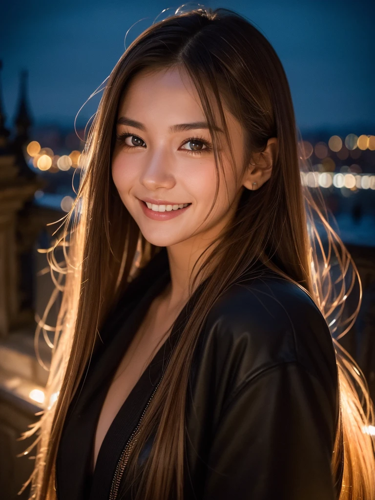 A light smile, night, RAW Photos, (((A portrait of extreme beauty))), (Glowing Skin)), 1 Girl, Beautiful girl in Prague, I&#39;m , ((Natural light blonde hair)), [blue eyes], Shiny skin, Silky long straight hair, eyeliner, Long bangs, Hair between the eyes, Fluttering Hair, ((masterpiece, 最high quality, Super detailed, Film Light, Intricate details, High resolution, 8K, Very detailed)), Detailed Background, 8K UHD, Digital SLR, Soft Light, high quality, Film Grain, Fujifilm XT3, Shallow depth of field, Natural light, (No Hands), Upward glance, Sap eyes,