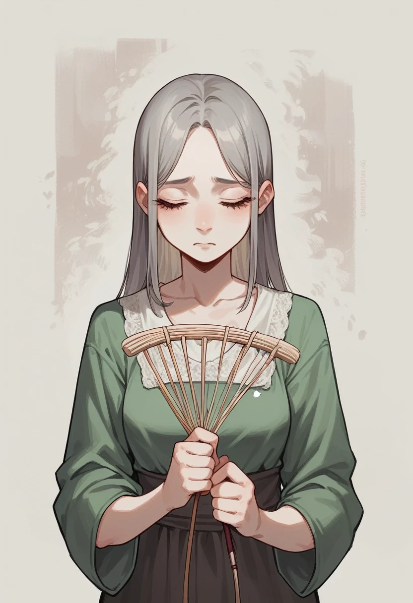 A woman with white skin and a pretty face.., with brown eyes and gray hair, She wears a long dress made with wool thread that she unweaves to knit for other children... Her hair falls on her sad face with her eyes closed.., while holding knitting needles in her hand. It is located on an abstract background. , with a line of people waiting to be knitted by her