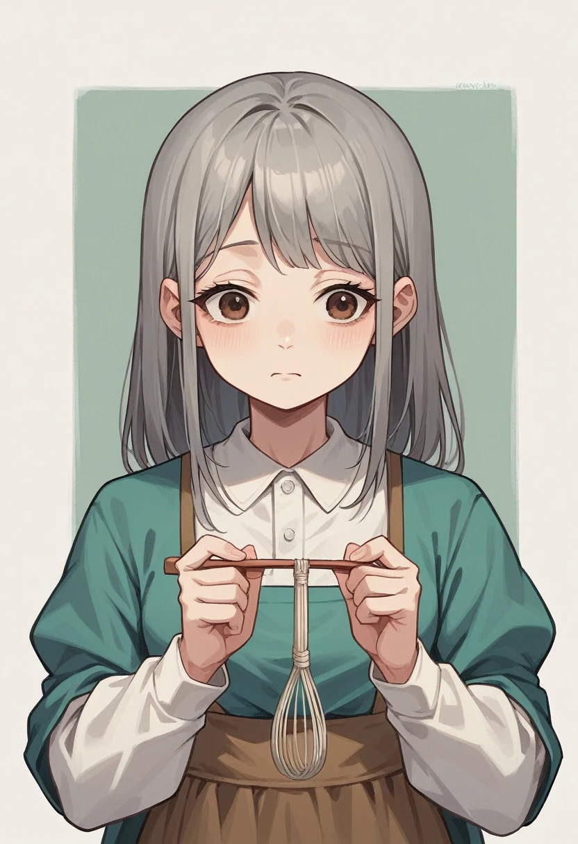 A woman with white skin and a pretty face.., with brown eyes and gray hair, She wears a long dress made with wool thread that she unweaves to knit for other ren... Her hair falls on her sad face with her eyes closed.., while holding knitting needles in her hand. It is located on an abstract background. , with a line of people waiting to be knitted by her