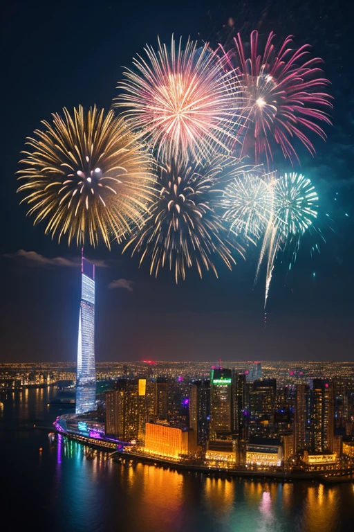 Highest quality、Landscape painting、firework、Neon lights in the city