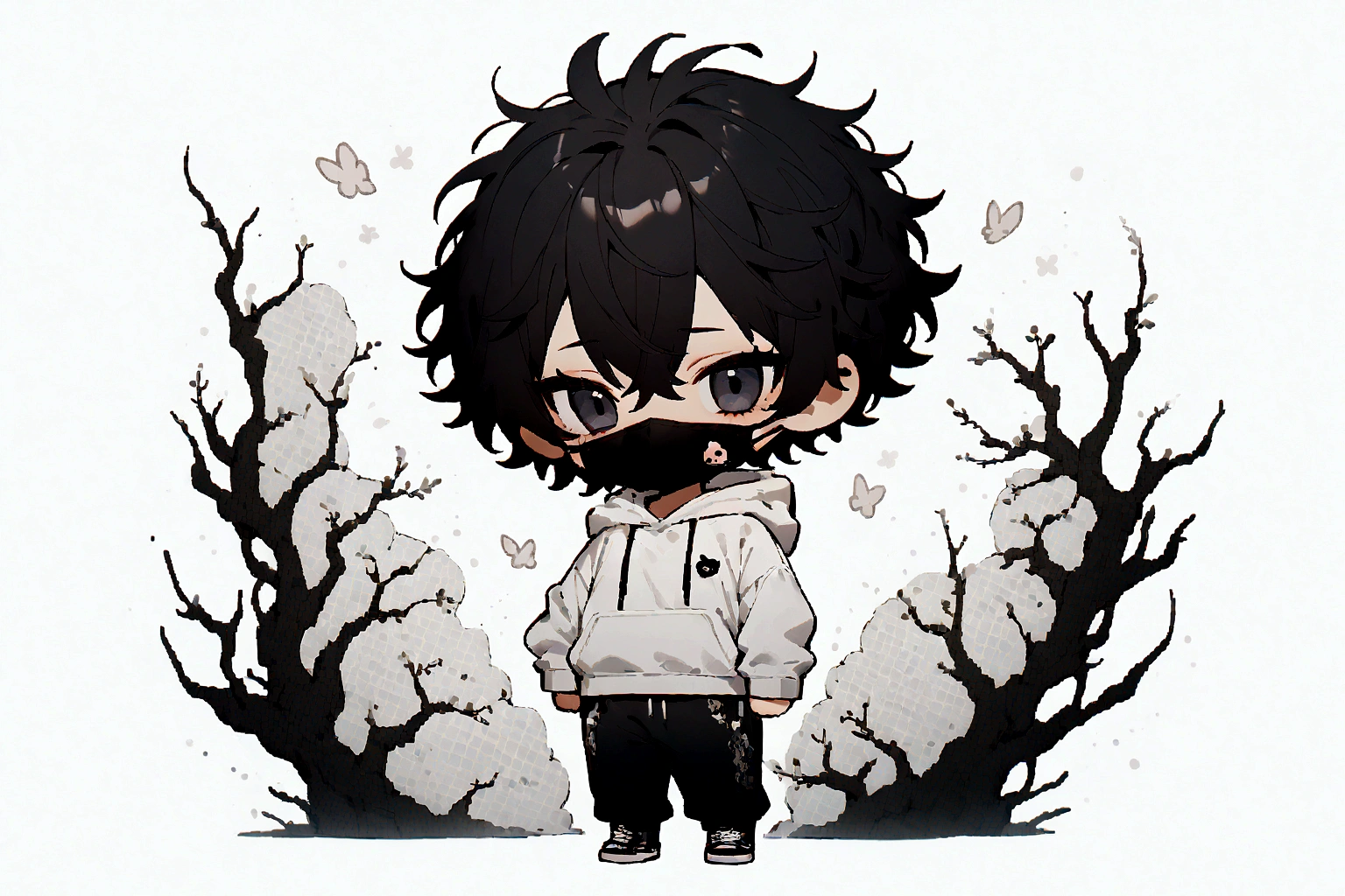 masterpiece,chibi,1man,blackhair,mouth mask, full body, white background, very short hair, messy hair, hoodie, 