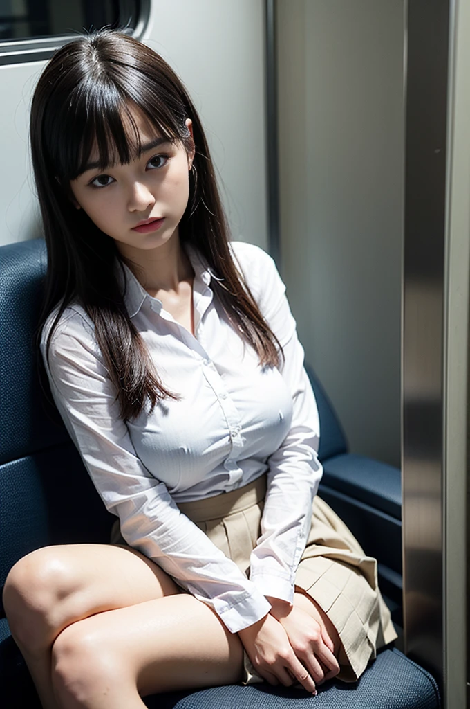 1 woman, thighs, sitting on train, , realistic, raw photo, white shirt, pleated skirt, black short socks, roafer, medium hair, bangs, looking at viewer, best quality, large breast, (His arms folded),
