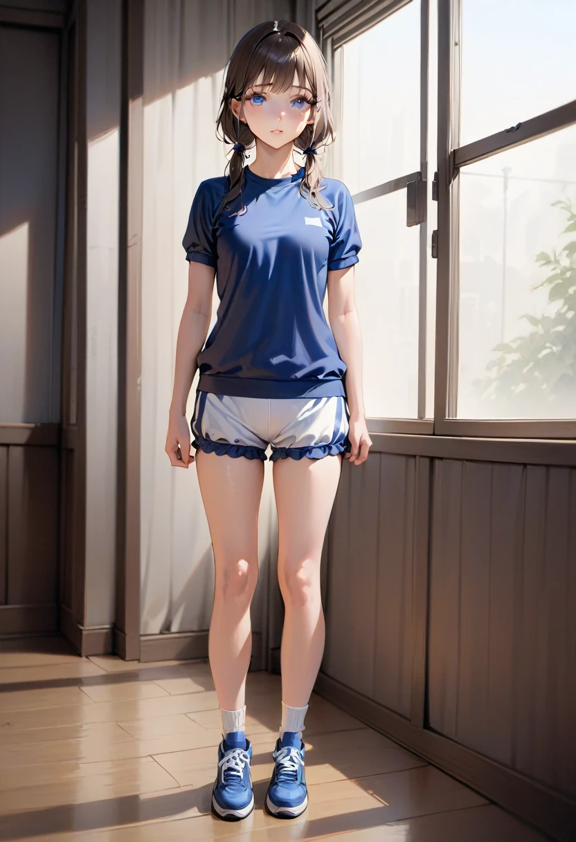 masterpiece, high quality, Small breasts, One Girl, Are standing, stop temporarily, stop temporarily,  Gym suit, shorts, Bloomers,  whole body, shirt,blue eyes, Realistic