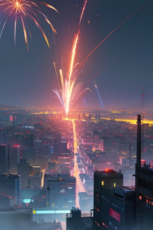 Highest quality、Landscape painting、firework、Neon lights in the city