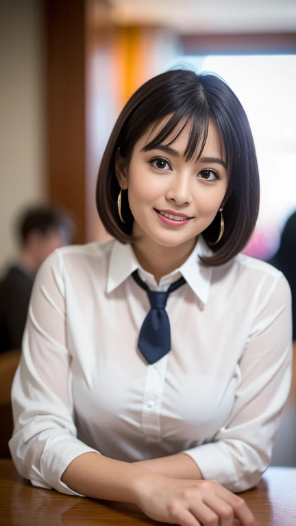 (masterpiece)、(Highest quality:1.5)、(Photorealistic:1.2)、(Surreal), (High resolution), (Realistic), (Post-processing),(Sharp focus), Sharp focus:1.2,Backlight, (Improvement of quality:1.4), (Narrow waist)、Big Ass、((Perfectly detailed five-fingered hands)),(Anatomically correct body)、((1 female:1.4))、Japanese、Realistic Skin、(Small chest:1.4)、Bust size is A cup、Pretty woman with perfect figure:1.4,(from the front:1.5), (Enhances the beauty of skin texture:1.1),No makeup、美しいBlack Hair、The best smile、Natural color lip、(Small Mouth:1.4)、The mouth is not open、Thick lips、(Oval Face)、Even bangs、Hide eyebrows with bangs、((33-year-old woman))、Bob Hair、Hair blowing in the wind, (Black Hair, Iris, Watery eyes, Shining Eyes, Bob Cut Hair, Small earrings,), Hair behind the ear、No makeup、(Drooping eyes)、(((One lovely woman)),((A big friendly smile)),(( Small breasts,Small breastsの谷間)),((((Plump Cheeks)))),((whole body:1.5)),very cute,(),高級restaurantで、full-course dinner、Wine Party、Bright image、The beauty of wine, Beautiful Face, red wine 、Appetizers、Italian food、Wine bottle、Champagne、sparkling wine、(slimな顔), (The body is slim),restaurant, White wine, slim, wine glass, 中央に置かれたwine glass, Beautiful fine grain, Depth f/2,saturation, High Contrast, Strong light and shadow,Moist Body:1.5、3D texture、Delicate eyes、((In front of the food on the table:1.5))、White collar shirt and tie、erious expression