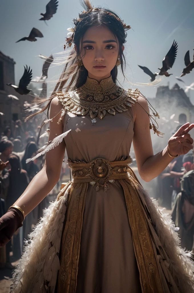Atmospheric and open scene, Ancient Sacrificial Images, Filled with smoke, Birds in human clothes dance, Sunday Worship, (Detailed costume details, Detailed clothing light sense), Faintly Appearing, Detailed bird feather detail, A complex and complicated picture, (Full of strange and mysterious photos), The background is cloudy, The photo is real, 8K,