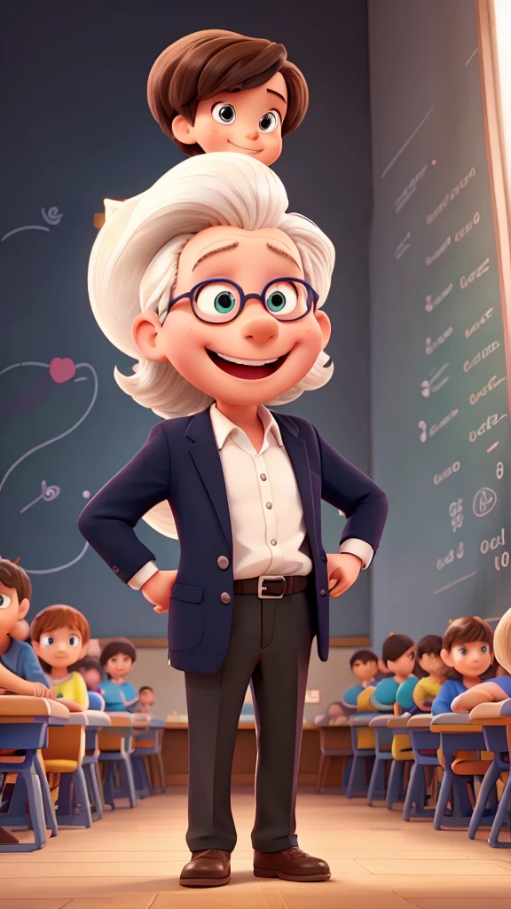 A playful cartoon teacher standing in front of a blackboard, asking a group of smiling cartoon kids, "Can anyone tell me the largest ocean?" with one mischievous kid whispering the answer.