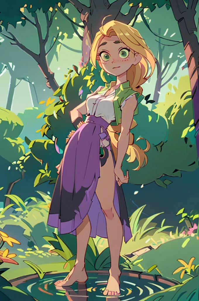(rapunzel:1), tangled, (standing in water:1.2), (adventure outfit:1.5), (white blouse, black vest with dark purple stitching, dark purple skirt), (long hair, blonde hair, green eyes:1), (long braid:1.5), ((green eyes)), (dress:1), (long dress), cartoony facial features, large round eyes, blonde hair, (realistic:1.2), (masterpiece:1.2), (full-body-shot:1),(Cowboy-shot:1.2), green grass, dandelions, light particles, magical forest background, neon lighting, dark romantic lighting, (highly detailed:1.2),(detailed face:1.2), (gradients), colorful, detailed eyes, (detailed landscape:1.2), (natural lighting:1.2),(detailed background),detailed landscape, (dynamic pose:1.2), close shot, solo, naked, breasts, vagina, topless, bottomless