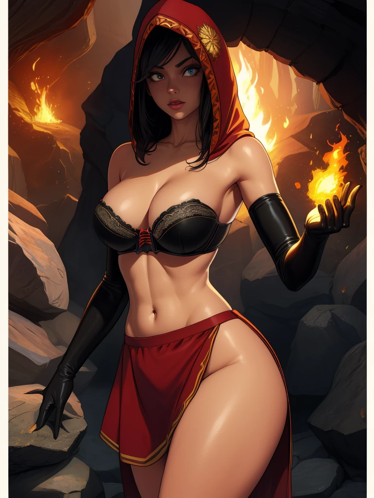 Dsorceress, shadowy face,dark cave, fire, hood, shadowed face, strapless bra, slim and athletic body, miniskirt, no panty, elbow gloves, dark skin, 1 girl (insanely detailed, masterpiece, best quality)