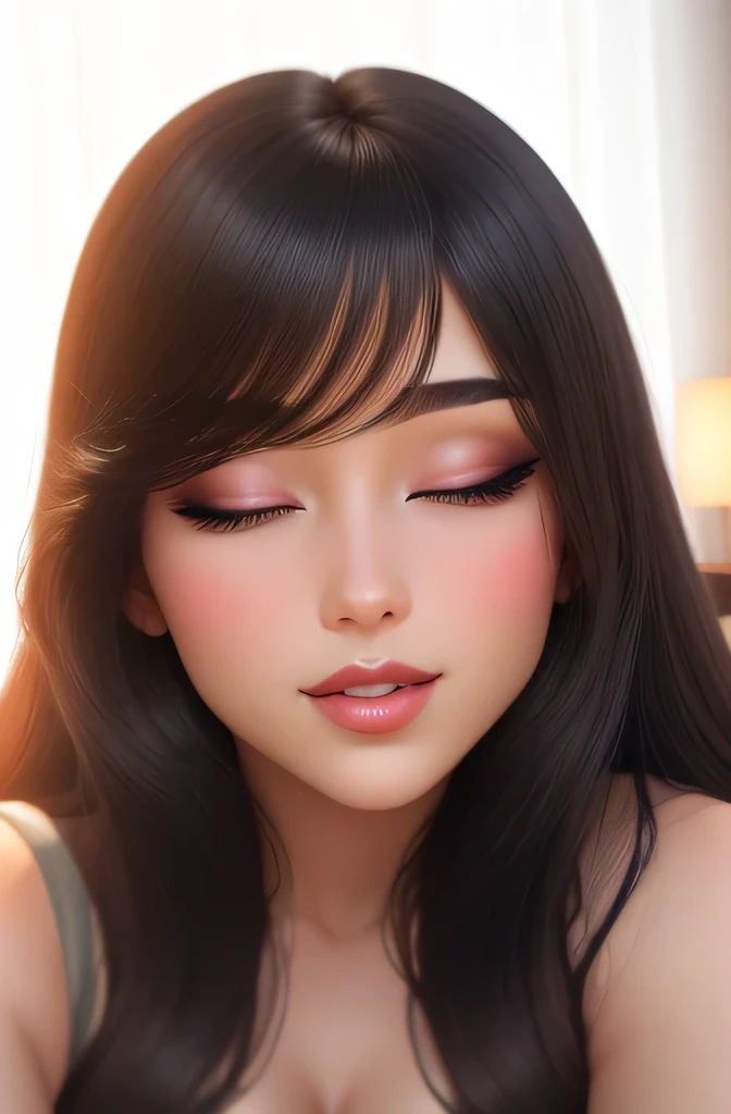 Amazing portrait of a sexy woman with a beautiful face emphasized by sexy makeup with beautifully detailed eyes and beautifully detailed lips and an extremely detailed eyes and face with long eyelashes wearing a detailed olive green top and white cargo pants with a sexy and seductive gaze and her soft lips parted in a smile as she's blushing intensely with her black luscious long straight hair having a perfect body with a medium chest and cleavage resting on a bed with her head on a pillow facing the viewer with harmonious lighting and colourful and vibrant tones