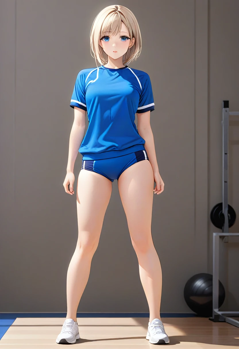 masterpiece, high quality, Small breasts, One Girl, Are standing, stop temporarily, stop temporarily,  Gym suit, shorts, Bloomers,  whole body, shirt,blue eyes, Realistic