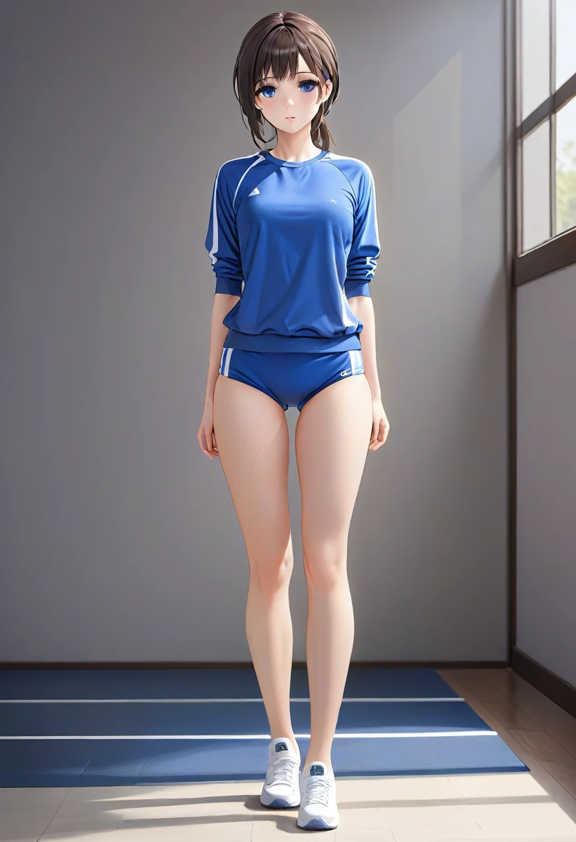 masterpiece, high quality, Small breasts, One Girl, Are standing, stop temporarily, stop temporarily,  Gym suit, shorts, Bloomers,  whole body, shirt,blue eyes, Realistic