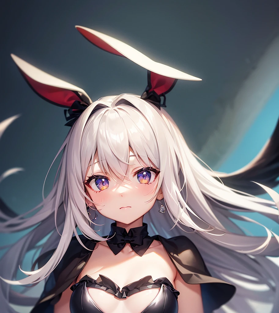 (Bunny girl),Cute little ,Tiny ,Small girl,,Childish face, Very fine clean face,Top quality,(Dark Room), Subtle light, Natural light,Soft lighting,Light from directly behind, (Are standing),With bust up,Front view,Black background
