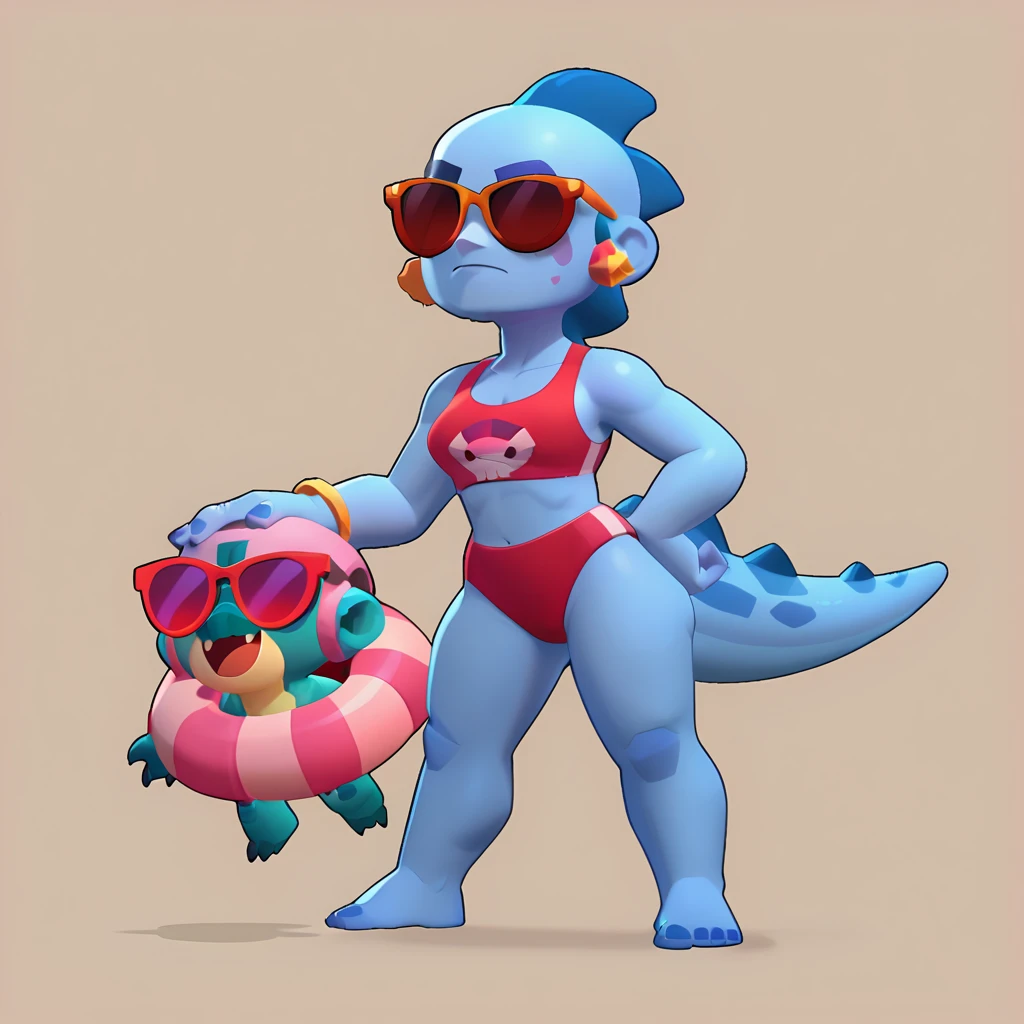 full body view of a monster triceratops dinosaur, blue skin, female, dressed in a red swimsuit and sunglasses, with a pink and white buoy, triceratops animal, brawl, brawl stars
