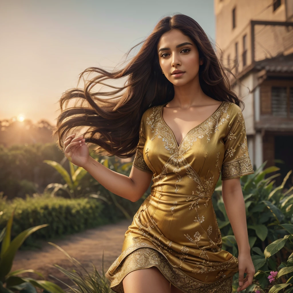 a beautiful woman, sardhada kapoor, short dress, outdoors, golden hour, intricate floral pattern dress, long flowing hair, elegant pose, warm lighting, cinematic atmosphere, fantasy, high detail, photorealistic, 8k, (best quality,4k,8k,highres,masterpiece:1.2),ultra-detailed,(realistic,photorealistic,photo-realistic:1.37),HDR,UHD,studio lighting,ultra-fine painting,sharp focus,physically-based rendering,extreme detail description,professional,vivid colors,bokeh,portraits