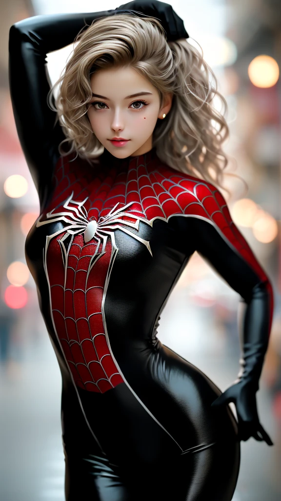 blurry backround,depth of field,
black spiderman costume,1 girl, alone,lips, (shiny skin:1.5)skintight, mole under eye, blond hair,
spider web print, gloves
