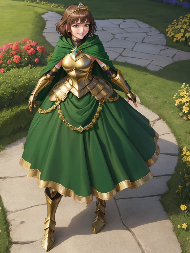 masterpiece, best quality:1.2), 1girl, smile, looking at viewer, green eyes, short brown hair, princess, armor, , pauldrons, armored dress, green cloak cape, wearing puffy blue ballgown skirt, golden tiara with green gem, armored boots, fingerless gloves, standing in medieval garden