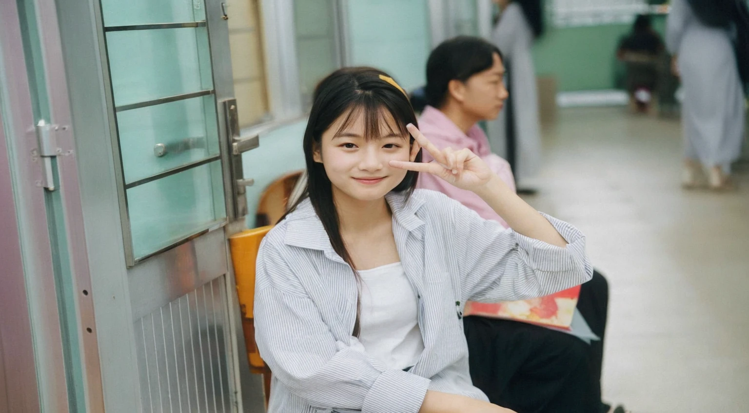 masterpiece, best quality,photorealistic,8k raw photo,midjourney style,,  a high-resolution, wide-angle photo of a person standing in a Japanese city during the day. The photo should have cinematic lighting and the person should be wearing a flower in their hair. There should also be colorful paper airplanes flying around them
