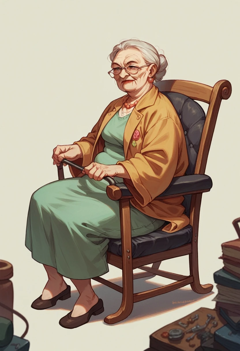 Elderly woman knitting a coat for a  sitting in a rocking chair