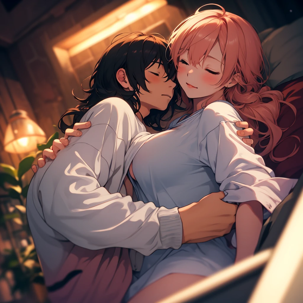 1 man, 1 woman, sleeping together, cute, romantic, comfy clothing, night time, underboob,
masterpiece, overhead sharp lighting, high detail, clarity, multilevel detailing, blurry background,
