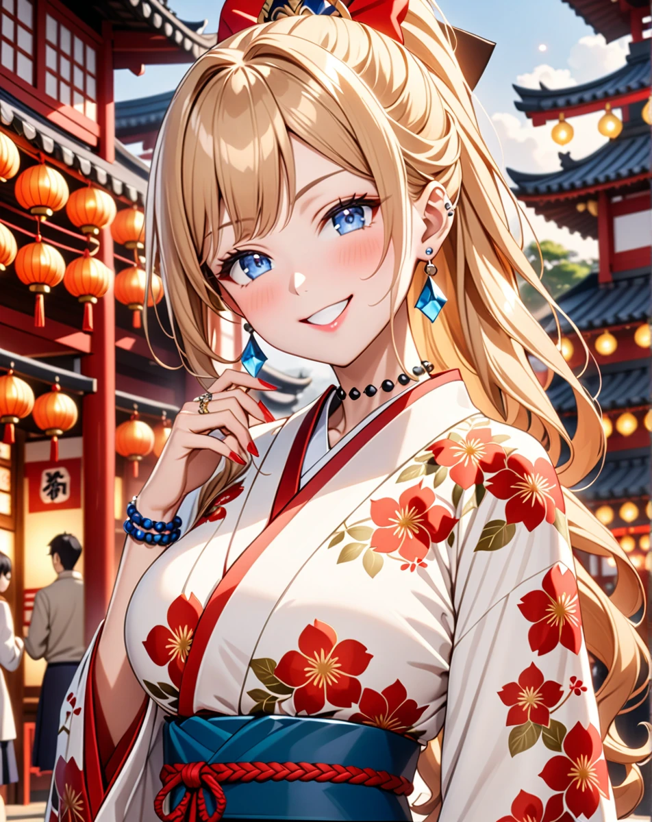 ((one girl)), hyper detailed, absurdres, 8K,Cute face, Beautiful Face, (Laugh shyly), ((teasing smile:1.8)), ((Wink:1.8)), (Laugh with your mouth wide open),(Tilt your head:1.3), View your viewers, ((Bright red cheeks:1.6)),Glossy Red Lips, ((Big Breasts:1.5)) night, Shrine festival stalls, (Brighten your face), ((Anime style background)),masterpiece, Highest quality, so beautiful,Latest, Complex details, (Pink long nails), (nail art), (ring),(bracelet), (helix piercing:1.7), (Floral Choker),AI-generated, Complex,High resolution, Highest quality, super high quality,3D Images、3D Images,One person,Blonde long hair,(High Ponytail), (Wavy Hair), Anime woman posing for a photo, ((Fine grain、blue eyes、Shining Eyes:1.4)), (Squint your eyes:1.1),a hyperRealistic , hyperRealistic , Realistic,Long blonde anime woman, Smooth anime CG art, Pink large floral patternの刺繍が入った、A girl in a gorgeous kimono, ((White long-sleeved kimono)),(Pink large floral pattern) ,Long flower hair ornament,Floral Earrings,Mature Body, expensive,Abdominal muscles,Tight waist,((Zoom in on face:1.9)), (front view),