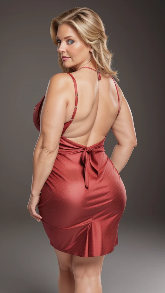 1 mature woman in, age60, Solo, casual hair, curvy body, Looking at Viewer, grayblondehair, Bare shoulders, Brown eyes, jewely, Full body, a necklace, off shoulders, (wearing elegant patterned red tie tube dresses), Distant photo, Realistic, A sexy one, beautiful colour, Perfect skin, 3 bust size, instagram (Realistic, A high resolution),photo size 3:4, 1 cute sexy mature woman, large expressive blue eyes, happy, (8K, raw photo, Best quality, High detail, curvaceous forms, curvy body, seductive pose, in the studio Foto with three ports lighting, with black wall background her back is turned to the photographer. 