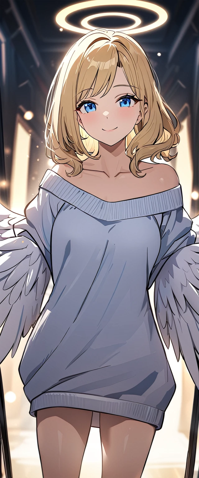 ((angel, big big white wings:1.3, halo:1.3)), ((sea)), (((spread arms))), (((cowboy shot))), ((flying in the sky)), archangel Uriel, ((wavy hair, outward curled hair)), evening, Sunset, ((blond hair, bob cut:1.3)), breasts, teenager, (looking at viewer), oversized clothes, puffy long sleeves, collarbone, ((off-shoulder sweater:1.3, Quite thick shoulder straps)), ((white sweater)), collarbone, head tilt:1.3, (((blue eyes))), ((happy smile)), (((anime style))), (best quality, 4K, 8K, highres, masterpiece:1.2, ultra-detailed, ultra-detailed eyes, HDR, uhd, studio lighting, ultra-fine painting, sharp focus, physically-based rendering, extreme detail description, professional, vivid colors, bokeh)