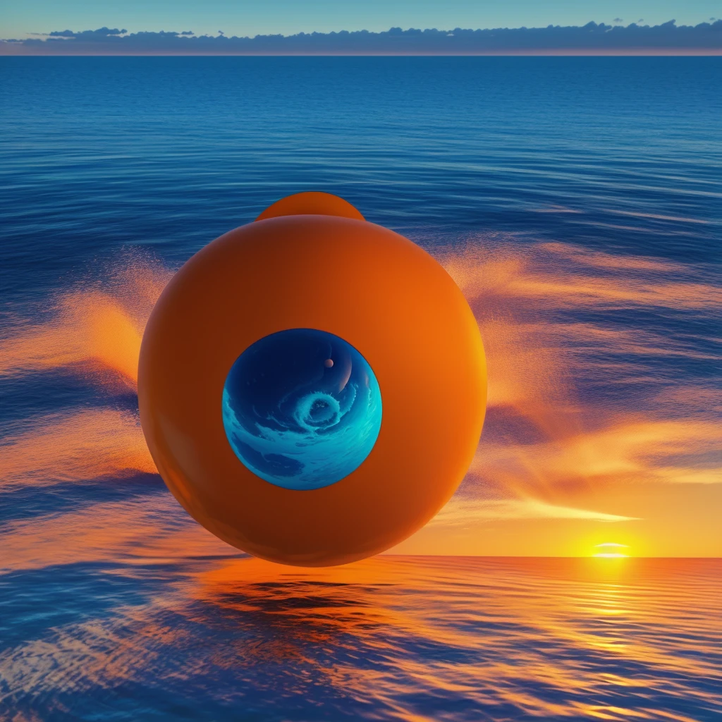 y2k aesthetics, 3d art, ocean, sunset, blue orange white, abstract 3d object