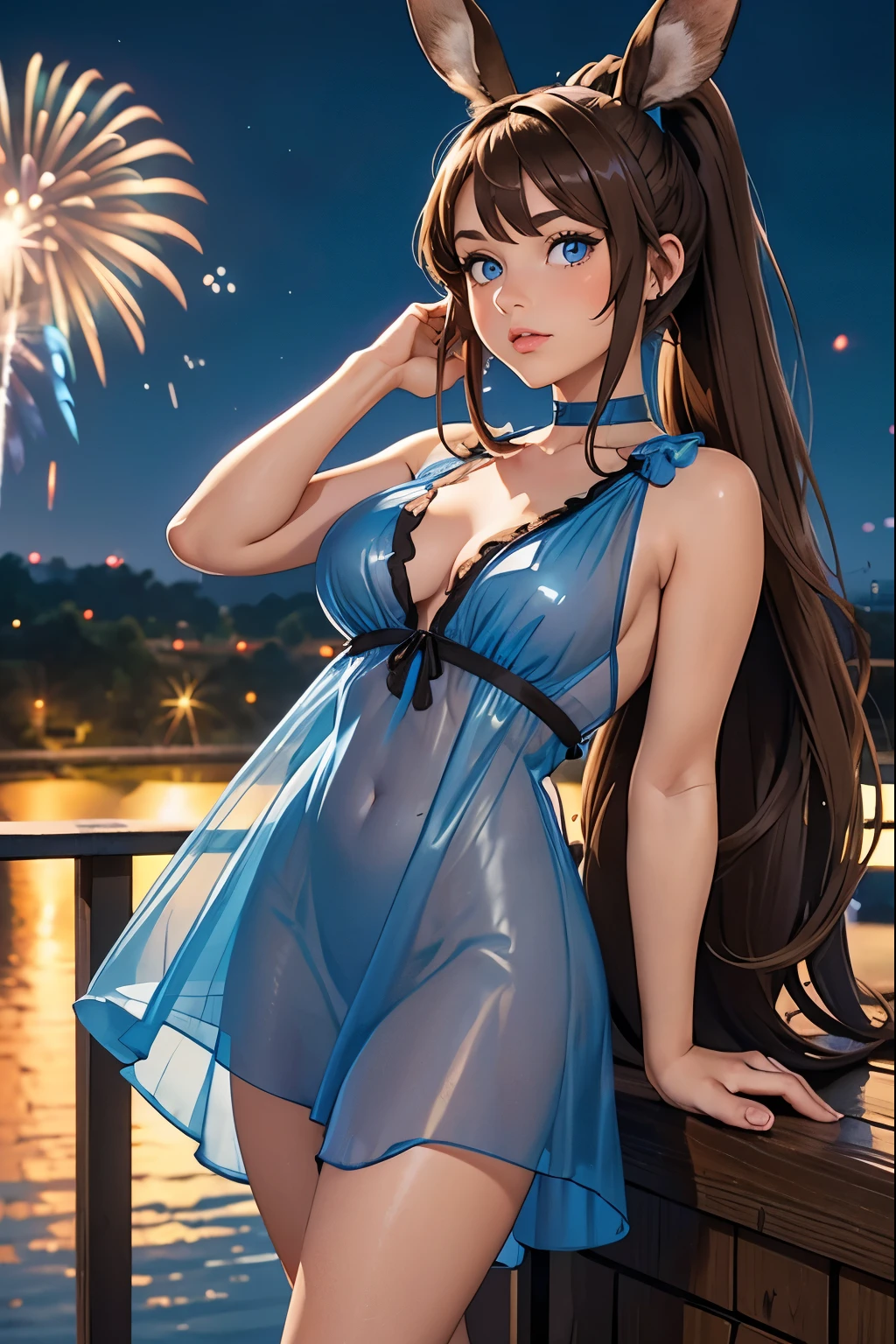 Woman, Brown HAir, Long Hair, Ponytail, (Brown Rabbit Ears), Blue Eyes, Very Large Breasts, ((Short Blue Translucent mini dress)), (((Translucid Dress))), High Heels, (at Scenic Overlook Watching Fireworks), at night
