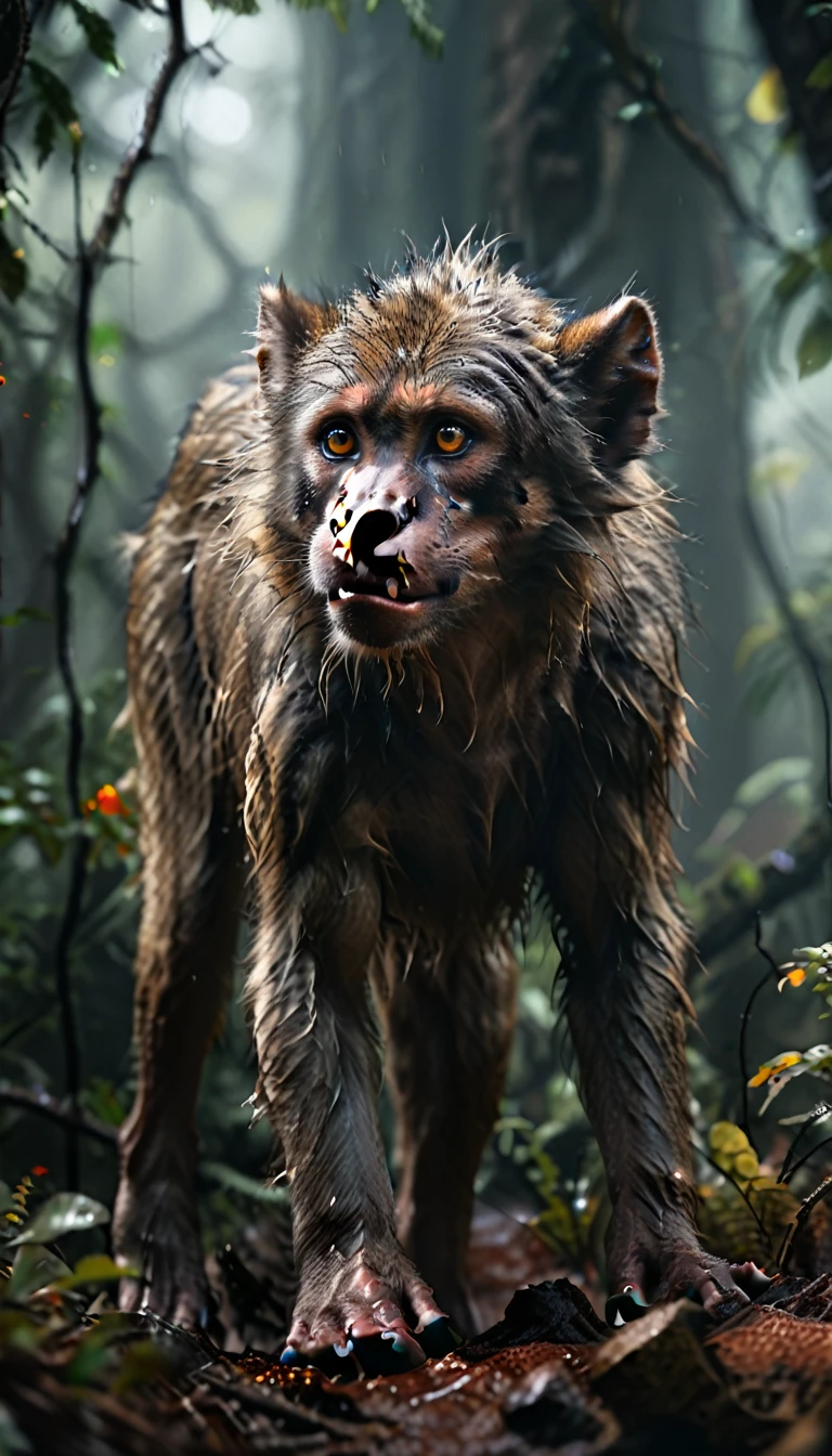 There is a wild beast on the mountain，It looks like a monkey but has four ears.(best quality，4K，8K，High level，masterpiece：1.2），Ultra Detailed，（lifelike，Photo real，Photo real：1.37），Highly detailed animals，Realistic lighting，Fantasy Creatures