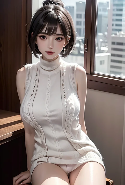 ( masterpiece, precise, Anatomically_correct, Texture_skin, excellent_detail, the best_quality, 1080P, HD, 4K, 8K, 16K), (beautiful_detailed_Eyes, beautiful_detailed_Lips, extremely_detailed_Eyes_and_Face), Soft_light, Physically based_Rendering, vivid_color, (Large target_breast:1.5), (short hair_thin braids_Bun hairstyle), (shining_hair, shining_skin, Face红), (Bangs:1.5), Eye_reflection, (Bokeh), 微lol_and_lol, (sleeveless_long sweater_knitting:1.5) ,stockings,(sit on the chair,Spread your legs:1.3),See panties, Look at the vagina。