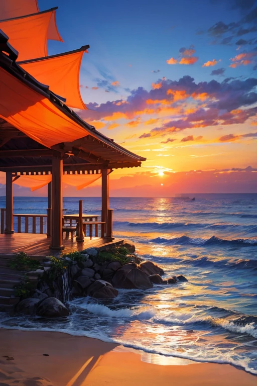 Highest quality、Landscape painting、Seaside、Sunset、orange