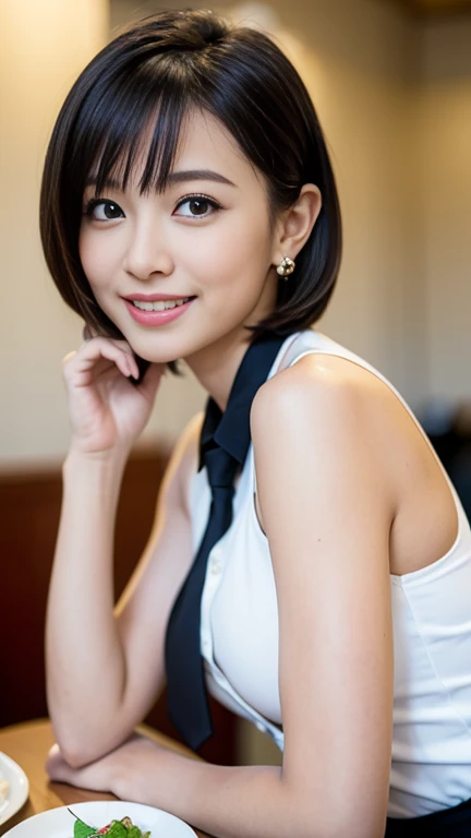 （masterpiece）、(Highest quality:1.5)、(Photorealistic:1.2)、(Surreal), (High resolution), (Realistic), (Post-processing),(Sharp focus), Sharp focus:1.2,Backlight, (Improvement of quality:1.4), (Narrow waist)、Big Ass、((Perfectly detailed five-fingered hands)),（Anatomically correct body）、((1 female:1.4))、Japanese、Realistic Skin、（Small chest：1.4）、Bust size is A cup、Pretty woman with perfect figure:1.4,(from the front:1.5), (Enhances the beauty of skin texture:1.1),No makeup、美しいBlack Hair、The best smile、Natural color lip、(Small Mouth:1.4)、The mouth is not open、Thick lips、(Oval Face)、Even bangs、Hide eyebrows with bangs、((33-year-old woman))、Bob Hair、Hair blowing in the wind, (Black Hair, Iris, Watery eyes, Shining Eyes, Bob Cut Hair, Small earrings,), Hair behind the ear、No makeup、(Drooping eyes)、(((One lovely woman)),((A big friendly smile)),(( Small breasts,Small breastsの谷間)),((((Plump Cheeks)))),((whole body：1.５)),very cute,(Baby Face),高級restaurantで、full-course dinner、Wine Party、Bright image、The beauty of wine, Beautiful Face,  red wine 、Appetizers、Italian food、Wine bottle、Champagne、sparkling wine、(slimな顔), (The body is slim),restaurant,  White wine, slim, wine glass, 中央に置かれたwine glass,  Beautiful fine grain, Depth f/2,saturation, High Contrast, Strong light and shadow,Moist Body:1.5、3D texture、Delicate eyes、((In front of the food on the table：1.5)）、White collar shirt and tie、erious expression