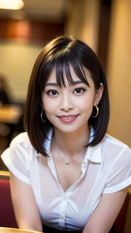 （masterpiece）、(Highest quality:1.5)、(Photorealistic:1.2)、(Surreal), (High resolution), (Realistic), (Post-processing),(Sharp focus), Sharp focus:1.2,Backlight, (Improvement of quality:1.4), (Narrow waist)、Big Ass、((Perfectly detailed five-fingered hands)),（Anatomically correct body）、((1 female:1.4))、Japanese、Realistic Skin、（Small chest：1.4）、Bust size is A cup、Pretty woman with perfect figure:1.4,(from the front:1.5), (Enhances the beauty of skin texture:1.1),No makeup、美しいBlack Hair、The best smile、Natural color lip、(Small Mouth:1.4)、The mouth is not open、Thick lips、(Oval Face)、Even bangs、Hide eyebrows with bangs、((33-year-old woman))、Bob Hair、Hair blowing in the wind, (Black Hair, Iris, Watery eyes, Shining Eyes, Bob Cut Hair, Small earrings,), Hair behind the ear、No makeup、(Drooping eyes)、(((One lovely woman)),((A big friendly smile)),(( Small breasts,Small breastsの谷間)),((((Plump Cheeks)))),((whole body：1.５)),very cute,(Baby Face),高級restaurantで、full-course dinner、Wine Party、Bright image、The beauty of wine, Beautiful Face,  red wine 、Appetizers、Italian food、Wine bottle、Champagne、sparkling wine、(slimな顔), (The body is slim),restaurant,  White wine, slim, wine glass, 中央に置かれたwine glass,  Beautiful fine grain, Depth f/2,saturation, High Contrast, Strong light and shadow,Moist Body:1.5、3D texture、Delicate eyes、((In front of the food on the table：1.5)）、White collar shirt and tie、erious expression