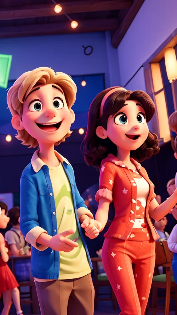 Two animated friends at a lively party scene,