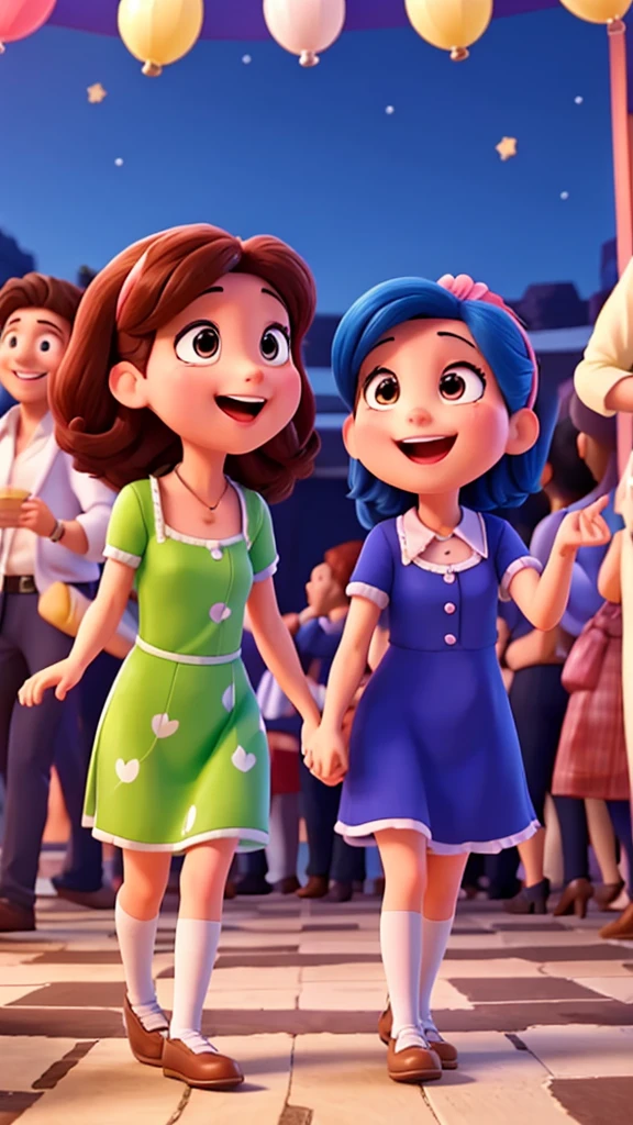 Two animated friends at a lively party scene,