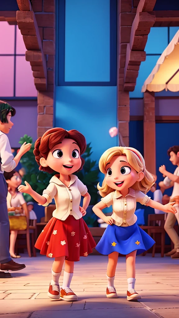 Two animated friends at a lively party scene,