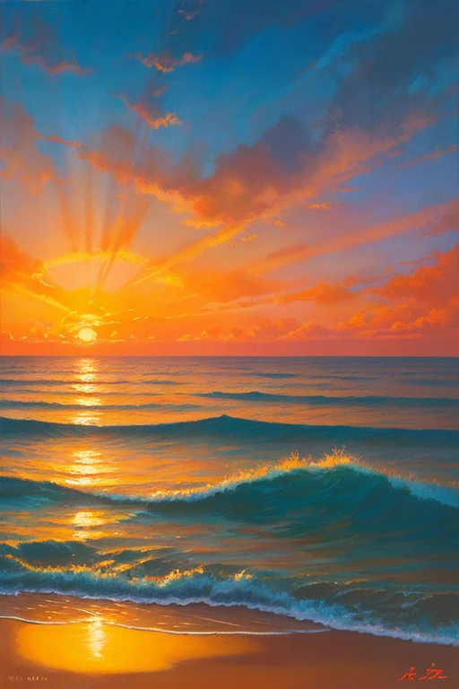 Highest quality、Landscape painting、Seaside、Sunset、orange