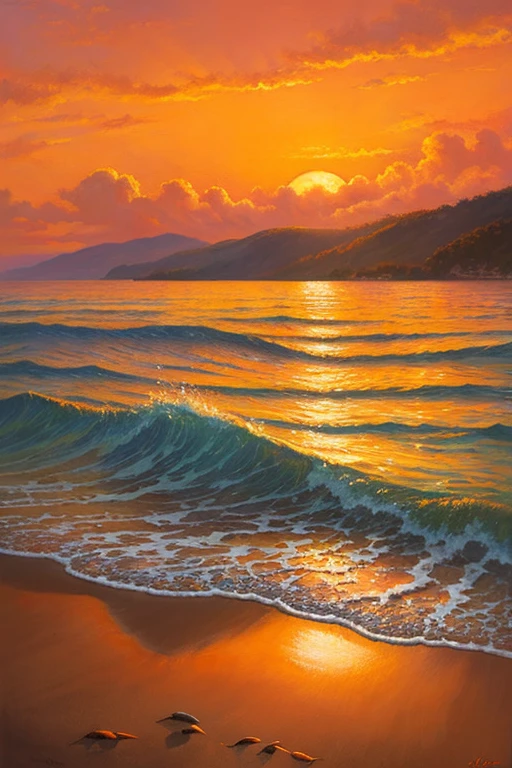 Highest quality、Landscape painting、Seaside、Sunset、orange