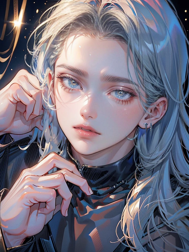 One Beautiful Boy、Hairstyle with light golden color and black end color、Light blue colorcon、small face、anime makeup、"A man with a cute and androgynous face"、white skin、cute eyes、Very thin eyebrows、tall、stylish black gothic fashion、long sleeves long pants、Winter clothes、19 years old、Japanese-Korean half man、Has a languid look、anger、Lower the corners of your mouth with no expression on your face、Photographed from the side diagonally、model photoshoot、masterpiece、highest quality、high resolution、fantasy、glaring expression、korean makeup、Wear a lot of piercings、Cool photos、blurred black filter、Various poses、blue filter、SeventeenのJEONGHANに似た顔、JEONGHAN、Seventeen