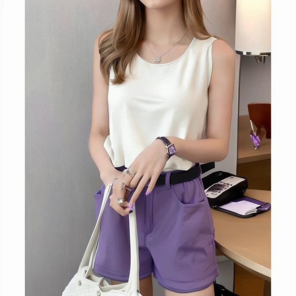 Arabian style woman wearing a white top and purple shorts and carrying a white handbag, Sleeveless tops, Violet tight tank top, Purple tops, Purple Overalls Shorts, Wearing a tank top and shorts, Wear a camisole and shorts, Purple vest, Wearing a top and shorts, baggy Purple Overalls Shorts, Modern casual wear, Casual clothing style, Purple outfit