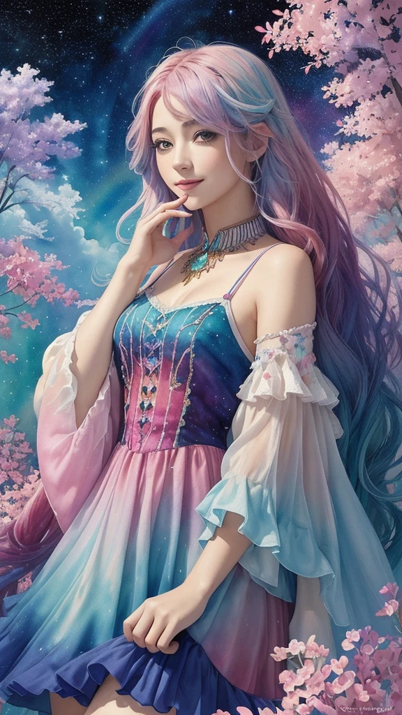(masterpiece, highest quality, highest quality,watercolor (Moderate),Official Art, beautifully、aesthetic:1.2),(One girl:1.3), (Fractal Art:1.3), View your viewers,pattern,(Rainbow Hair,colorful hair,Half Blue、Half pink hair:1.2),water,liquid, cloud,colorful, Starry sky,performer,from the front,Smile,See-through costume,Upper body and thighs