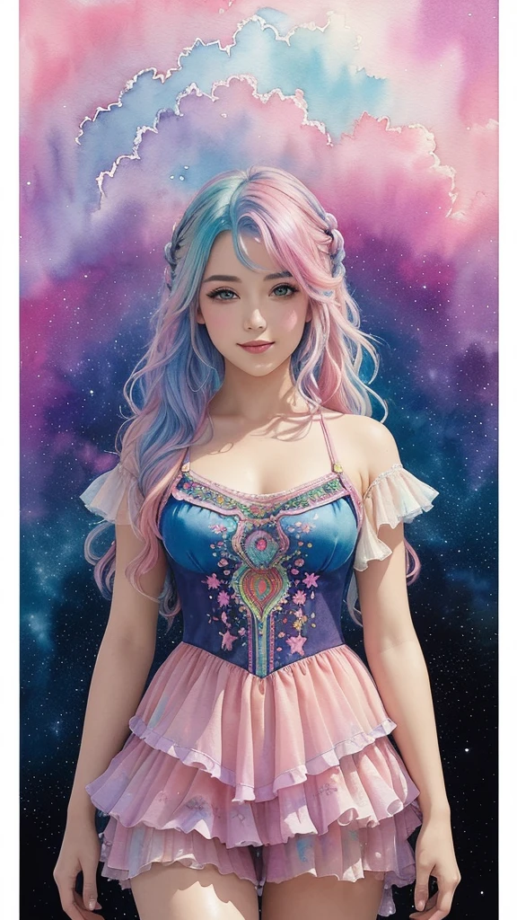 (masterpiece, highest quality, highest quality,watercolor (Moderate),Official Art, beautifully、aesthetic:1.2),(One girl:1.3), (Fractal Art:1.3), View your viewers,pattern,(Rainbow Hair,colorful hair,Half Blue、Half pink hair:1.2),water,liquid, cloud,colorful, Starry sky,performer,from the front,Smile,See-through costume,Upper body and thighs