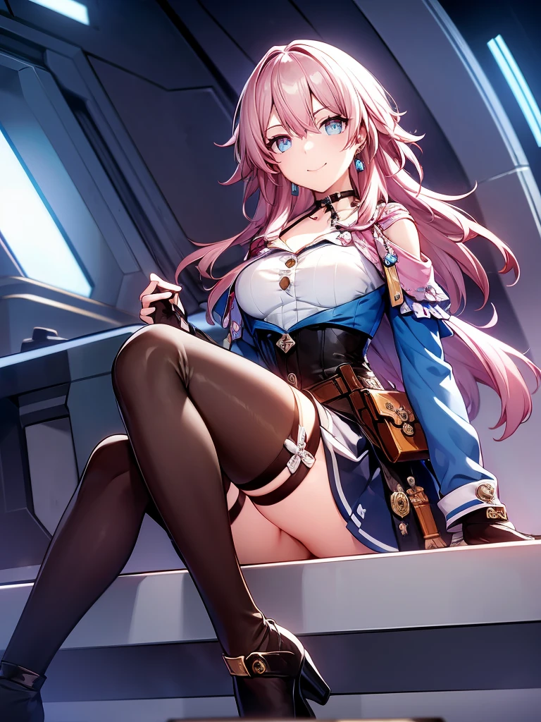 (Realistic painting style:0.9), (masterpiece), best quality, (detailed eyes), Perfect face, 1 girl, Solitary, March 7, blue eyes, Hair between the eyes, Medium Length Hair, pink eyes, Pink Hair, Two-Tone eyes, ankle boots, Archery Shooting Gloves, badge, Bare legs, black Necklace, black corset, Black footwear, black Gloves, blue Jacket, blue skirt, boots, button badge, Buttons, Necklace, clavicle, corset, earrings, Floral ornaments, Gloves, high heel boots, High heel, Jacket, Jewelry, Long sleeve, Miniskirt, partially fingerless Gloves, pleated skirt, shirt, single earrings, Single Gloves, skirt, Thigh straps, tied Jacket, Lower Bust, white shirt, Smile, City, background, futuristic City, sit on the floor, Knees up, Upper Body, portrait, Looking at the audience
