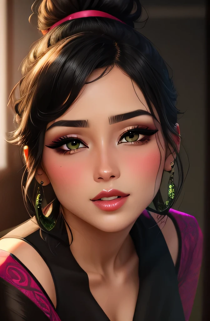 Sexy woman, black hair tied in a messy bun, amazing makeup, blushing intensely, flustered, lustful, perfect lips parted, black blouse, sheer dark green saree, hot